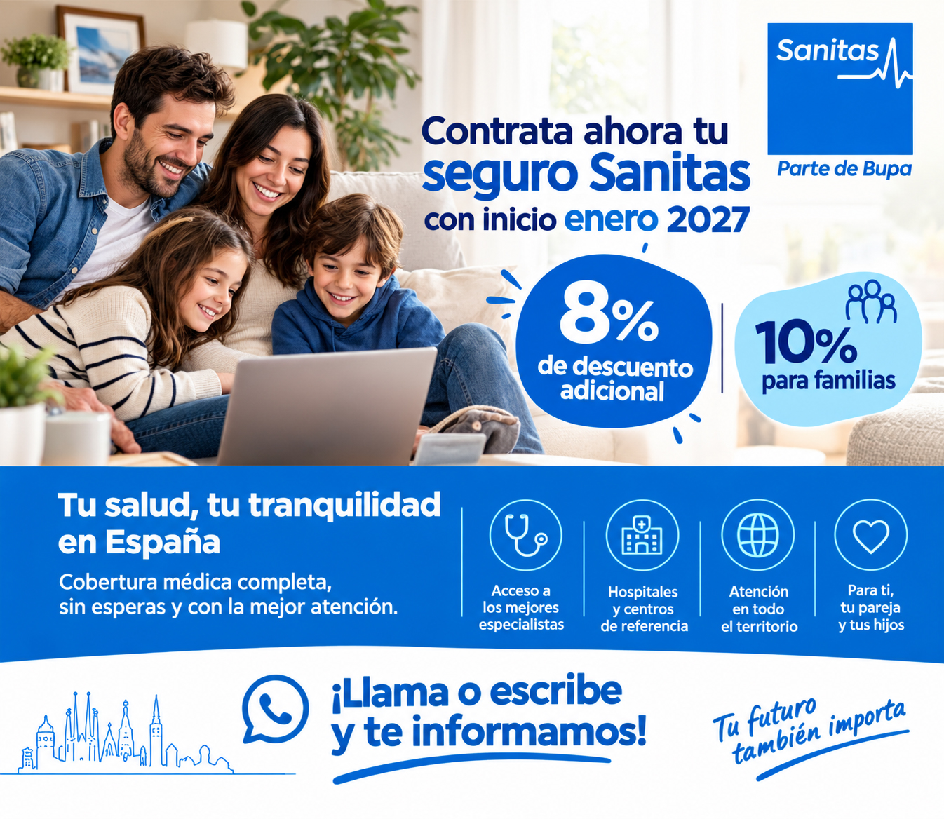 Seguro médico para extranejros con 8% de descuento . Sanitas Residents